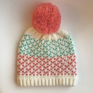 Trillium Pom Beanie Hat Coral Turquoise and Cream OS